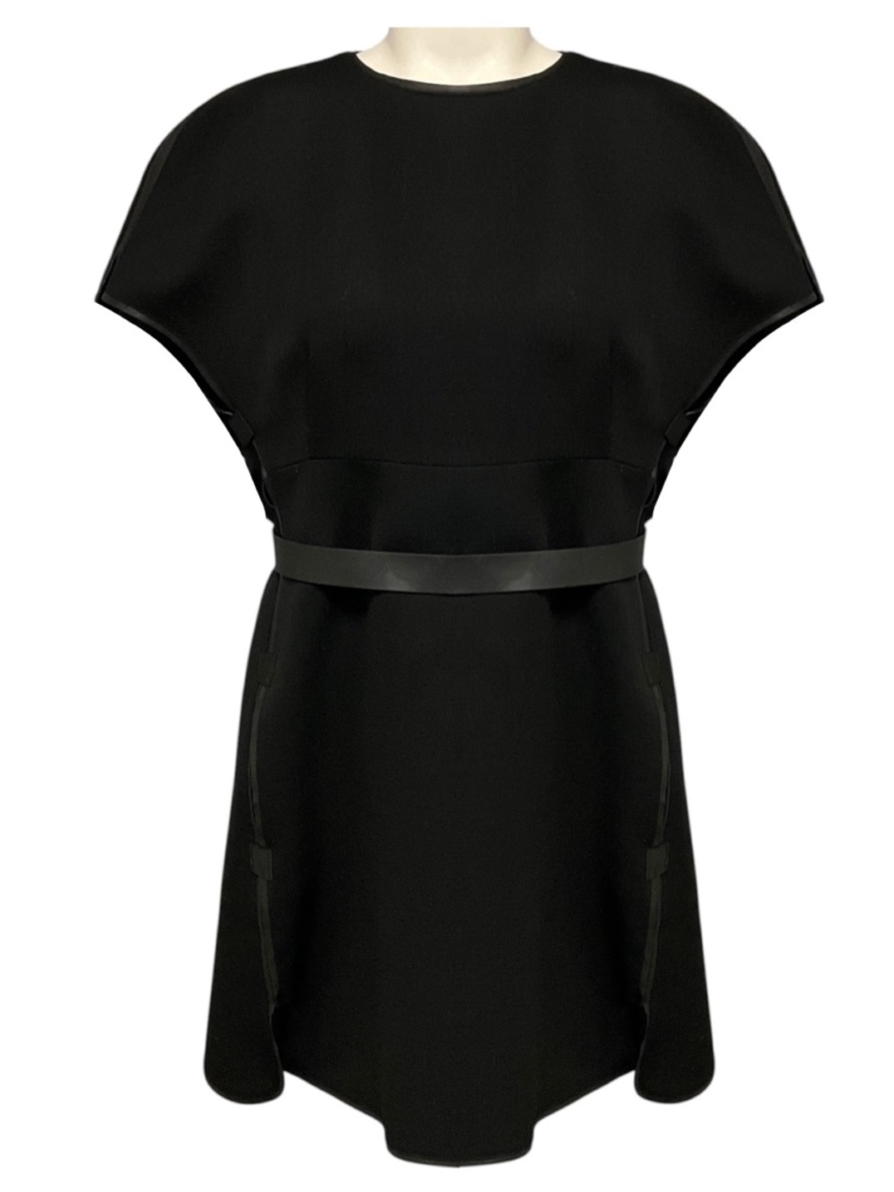 VALENTINO BLACK LAMBSKIN LEATHER TRIMMED WOOL CREPE MINI DRESS WITH BELT